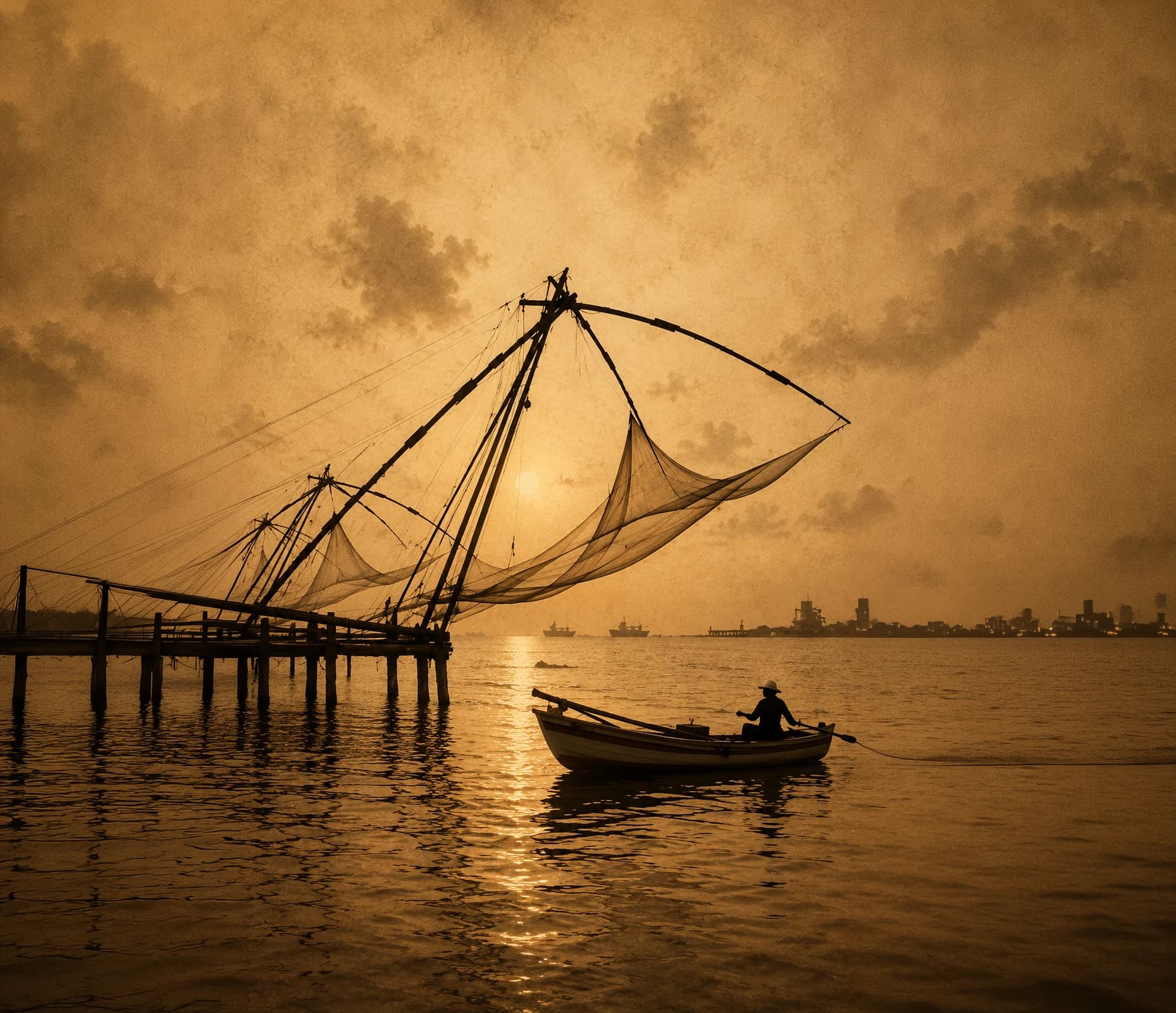 Chinese fishing nets at sunset on the Kochi backwaters